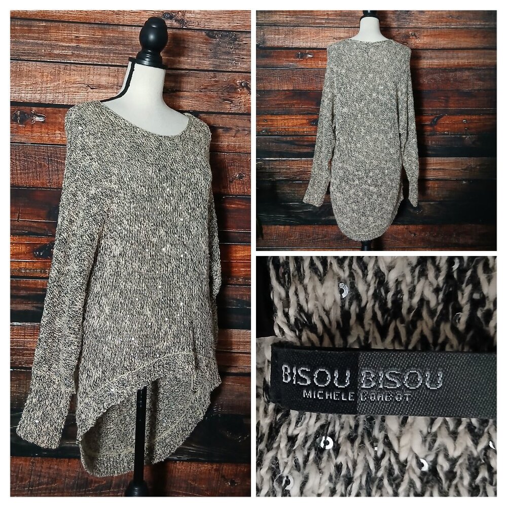 Bisou Bisou Sweater L Sequin Embellished Marled Knit Hi-Low Dolman